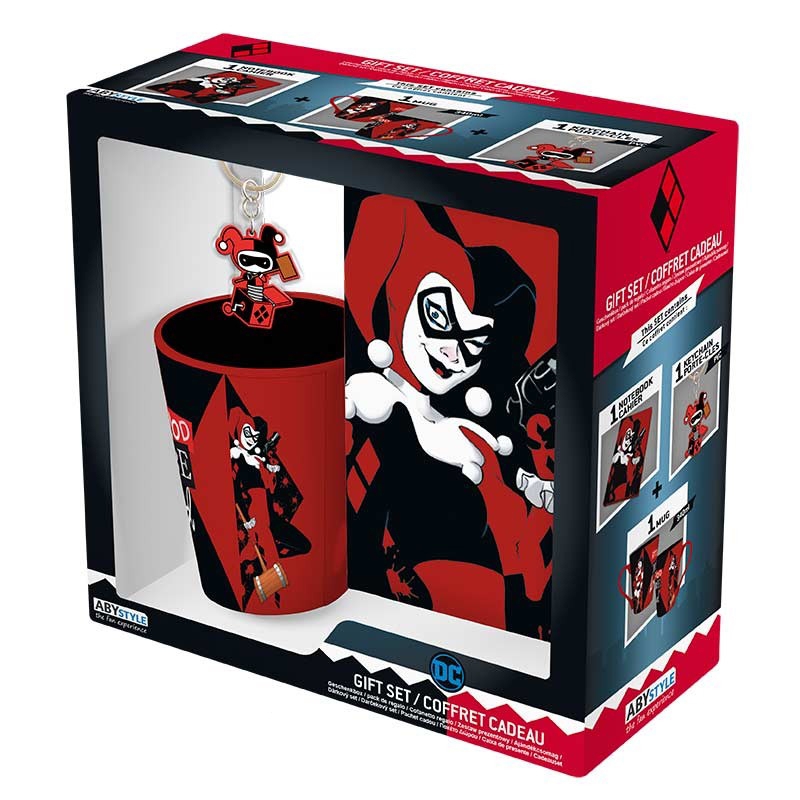 DC Comics Harley Quinn - 250ml Tasse, Schlüsselanhänger, Notizbuch - Geschenk-Box